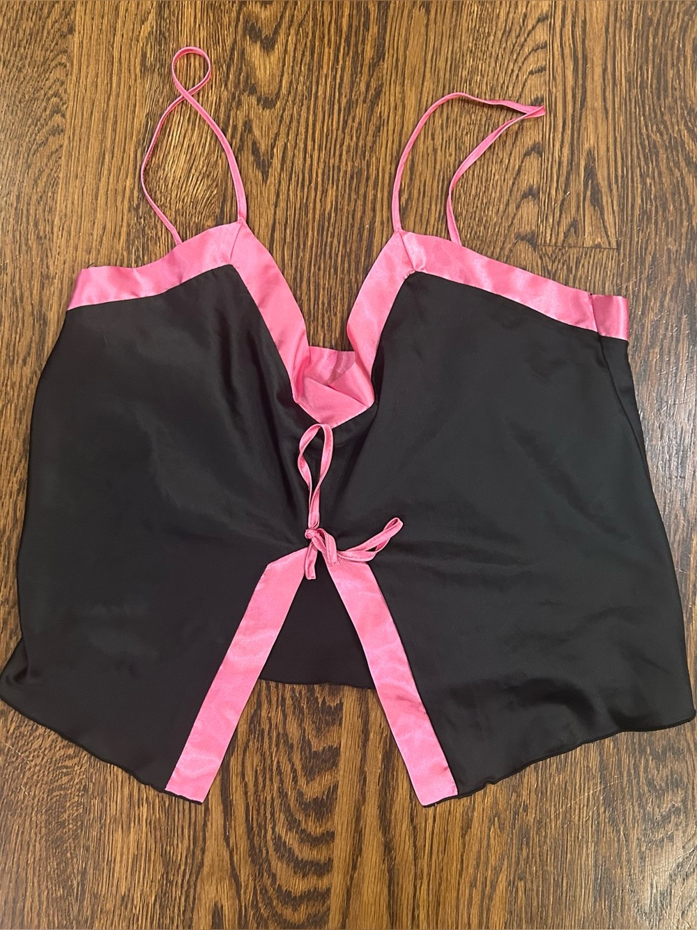 Black & Pink Satin Tie-Front Cami Top Y2K Lingerie Sleep Top M